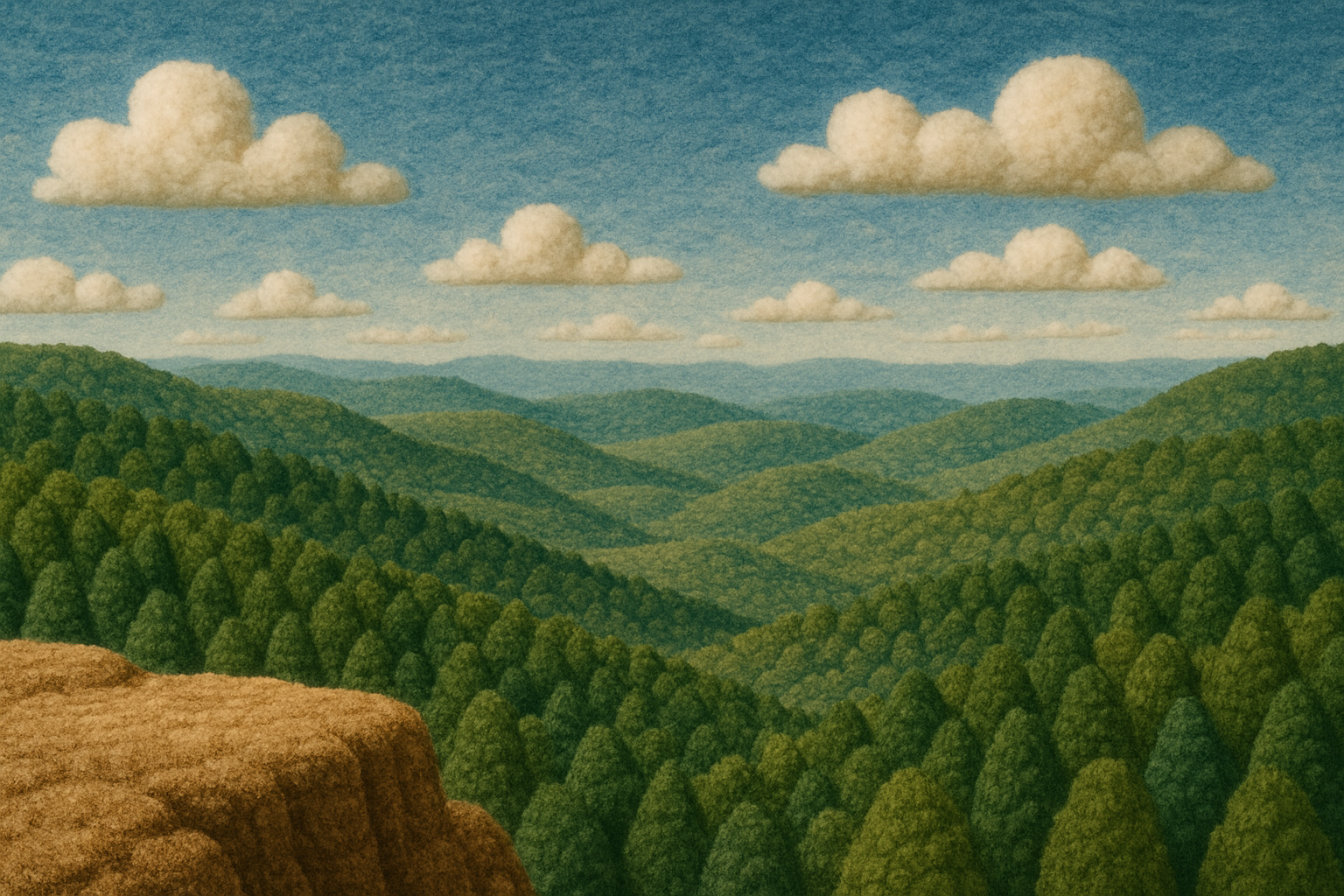 A landscape with forested hills stretches out to the horizon. A cliffside on the bottom left. A blue sky is partially clouded with big white fluffy clouds.