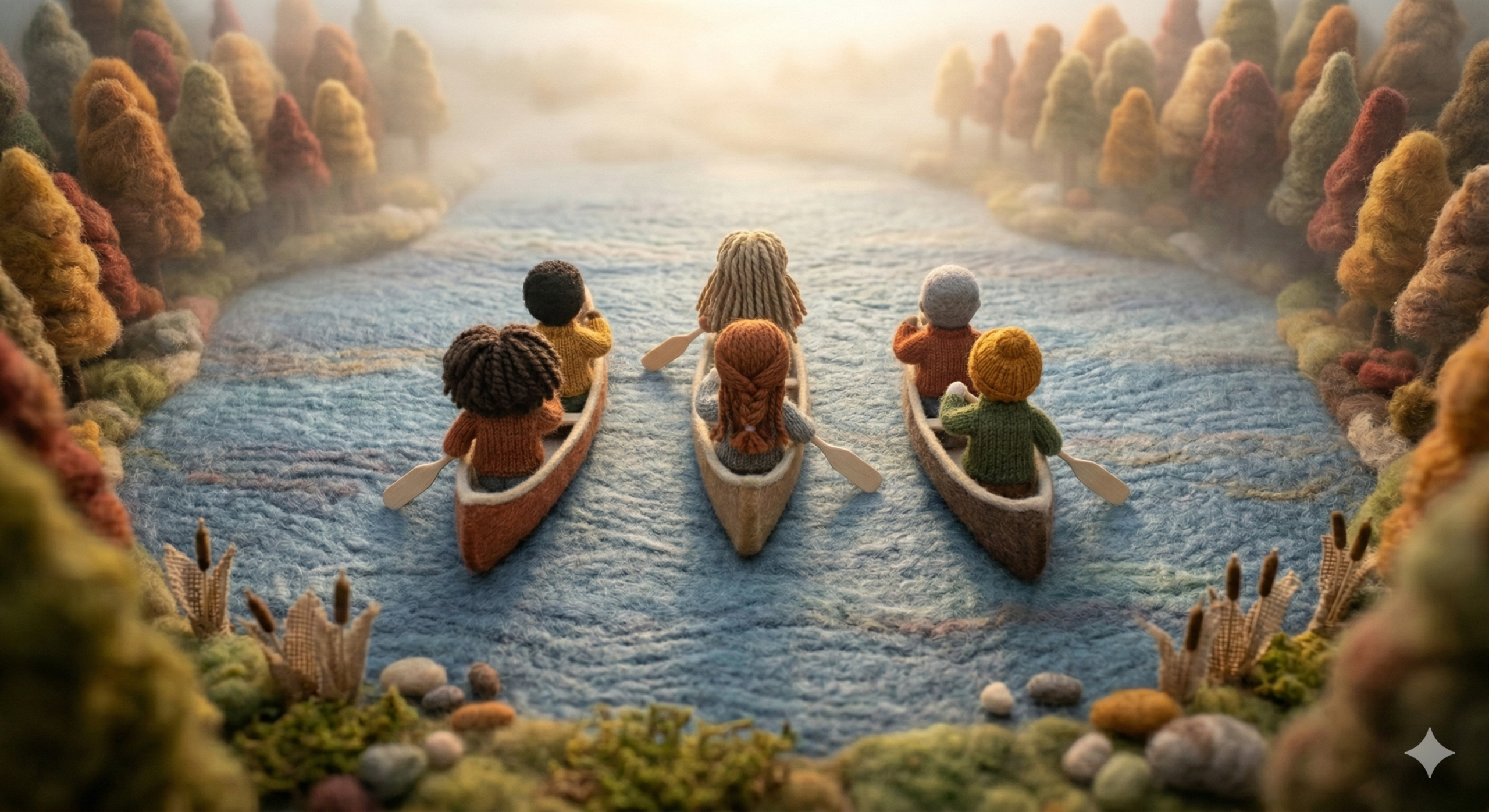 A high-angle, miniature stop-motion scene crafted entirely from needle-felted wool and textiles. Three canoes, arranged in an arrow formation, are being paddled away from the viewer across a lake made of rippled blue felt. Each canoe carries two felt dolls with yarn hair and tiny knitted sweaters, their backs to the camera as they head toward a foggy horizon where soft morning light breaks through. The lake is bordered by a forest of fuzzy, conical trees in autumn shades of ochre, rust, and gold.